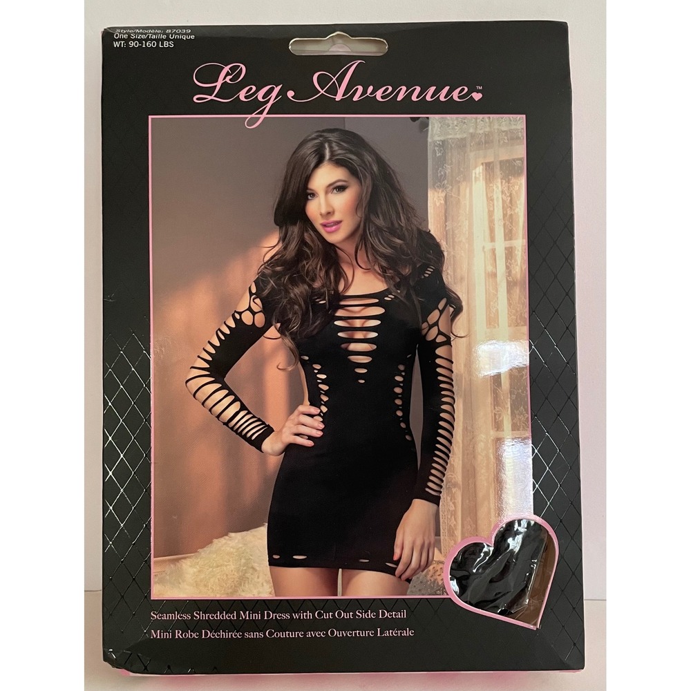 Vtg Leg Avenue Black Seamless Shredded Mini Dress Cut Out Long Sleeve O/S NEW
